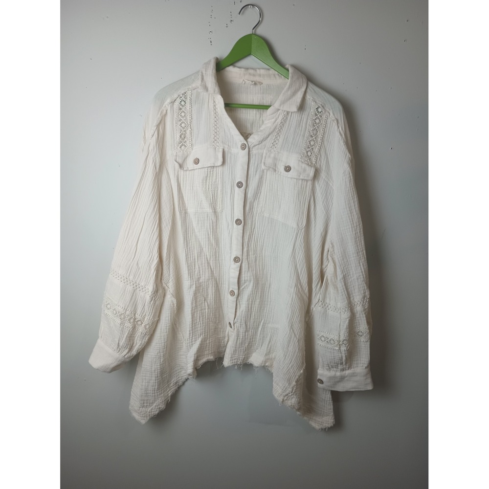 Easel Los Angeles Ivory Cotton Gauze Crochet Lace Button Down Top Medium Boho